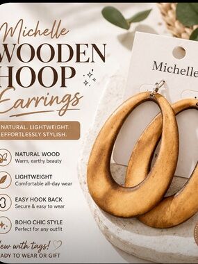 Michele Warm Natural Brown Wooden Teardrop Hoop Earrings